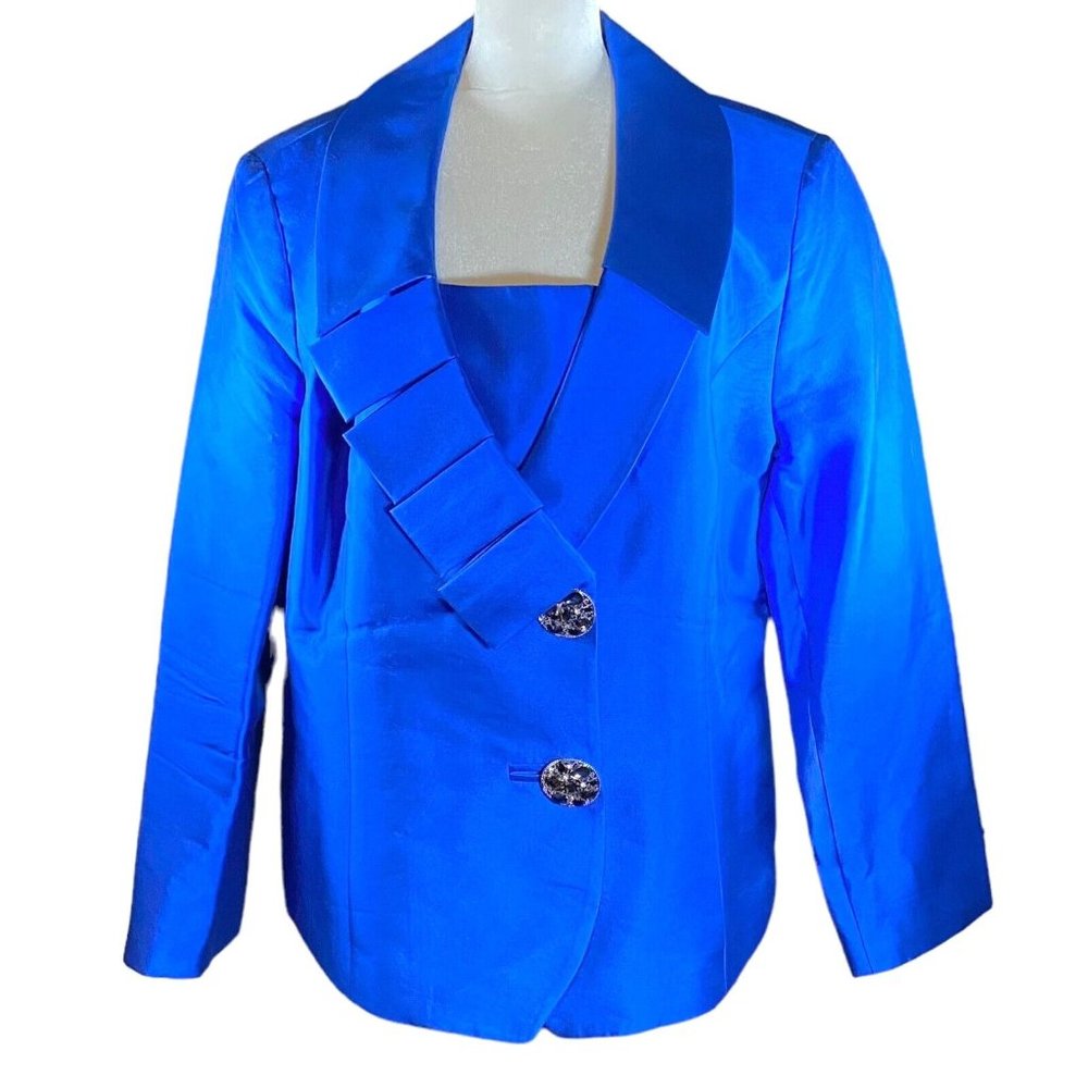 Anna Rossi Womens Blazer Jacket Formal Blue Taffeta Silk Wool Shawl Neck Size 14